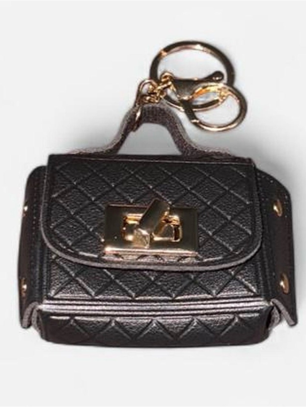 Quilted Mini Purse Keychain in Black with Gold Hardware